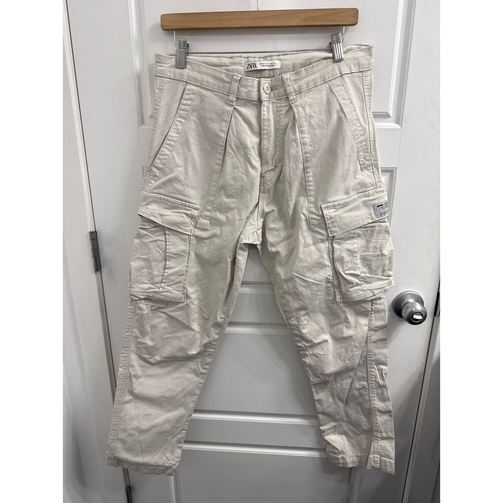 Zara Womens Off White Cargo Pants Tapered Leg Utility Trousers Size 31 40
